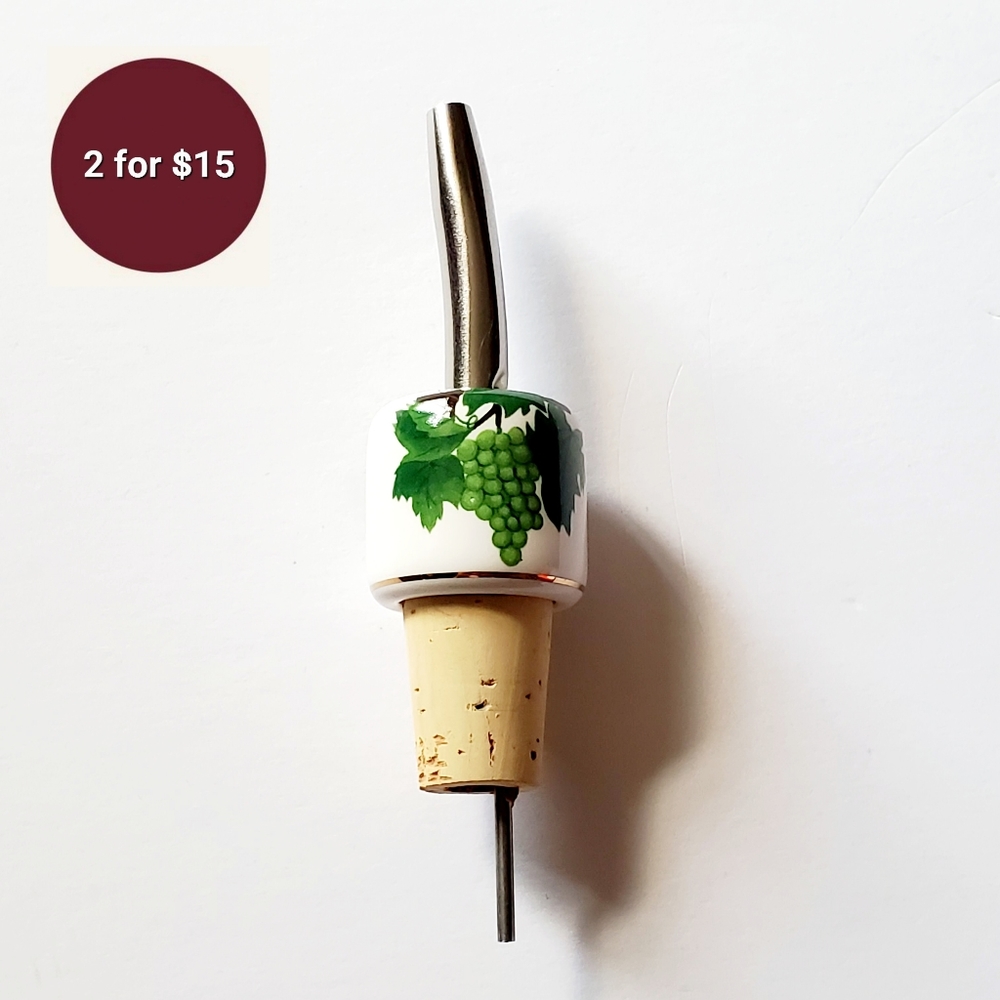 Ceramic Cork Bottle Stopper with Metal Spout - Grape Leaves Design